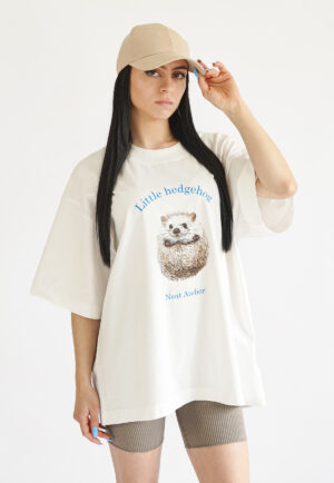 Beige Organic Cotton T-shirt with Cute Hedgehog Print by Neat Atelier