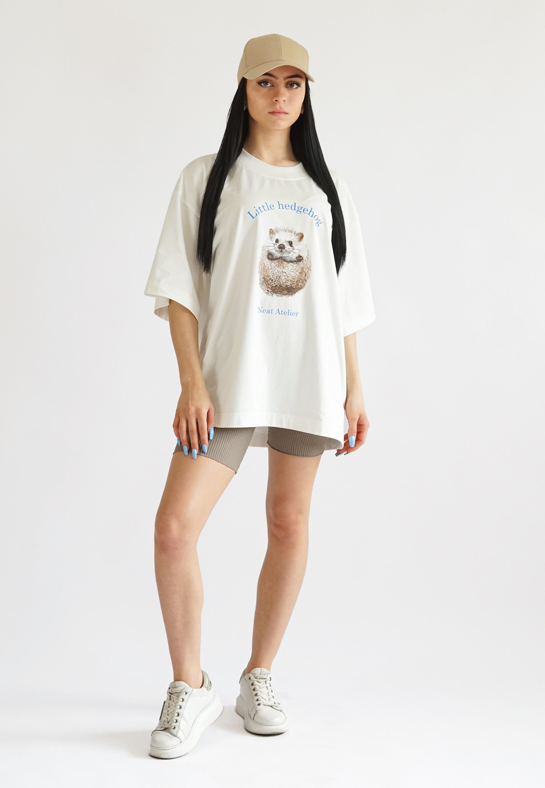 Beige Organic Cotton T-shirt with Cute Hedgehog Print by Neat Atelier slowfashion
