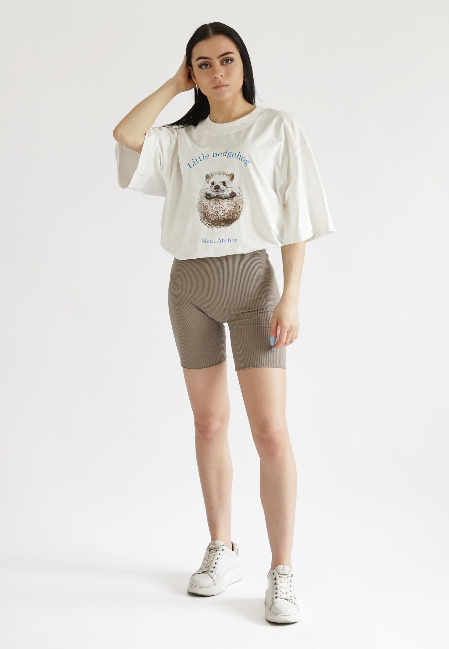 Beige Organic Cotton T-shirt with Cute Hedgehog Print by Neat Atelier outfit